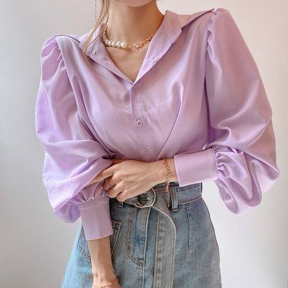 Lapel Single-Breasted Blouse With Lantern Sleeves