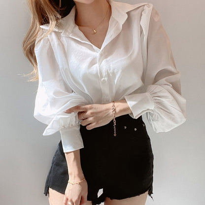 Lapel Single-Breasted Blouse With Lantern Sleeves