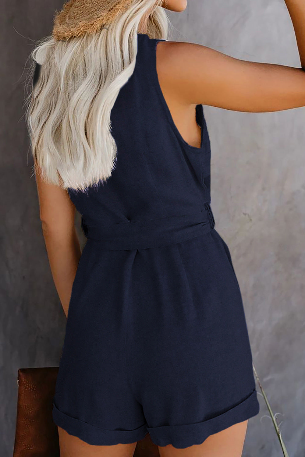 V Neck Sleeveless Button Belt Bow Casual Jumpsuit
