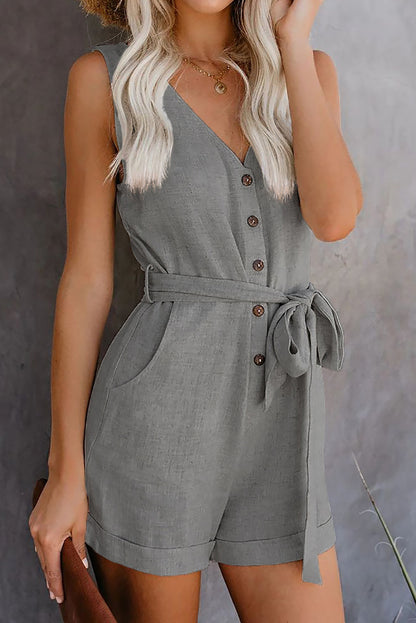 V Neck Sleeveless Button Belt Bow Casual Jumpsuit