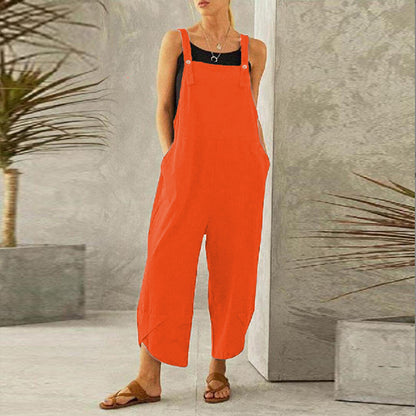 Casual Cropped Long Pant Jumpsuits With Pockets