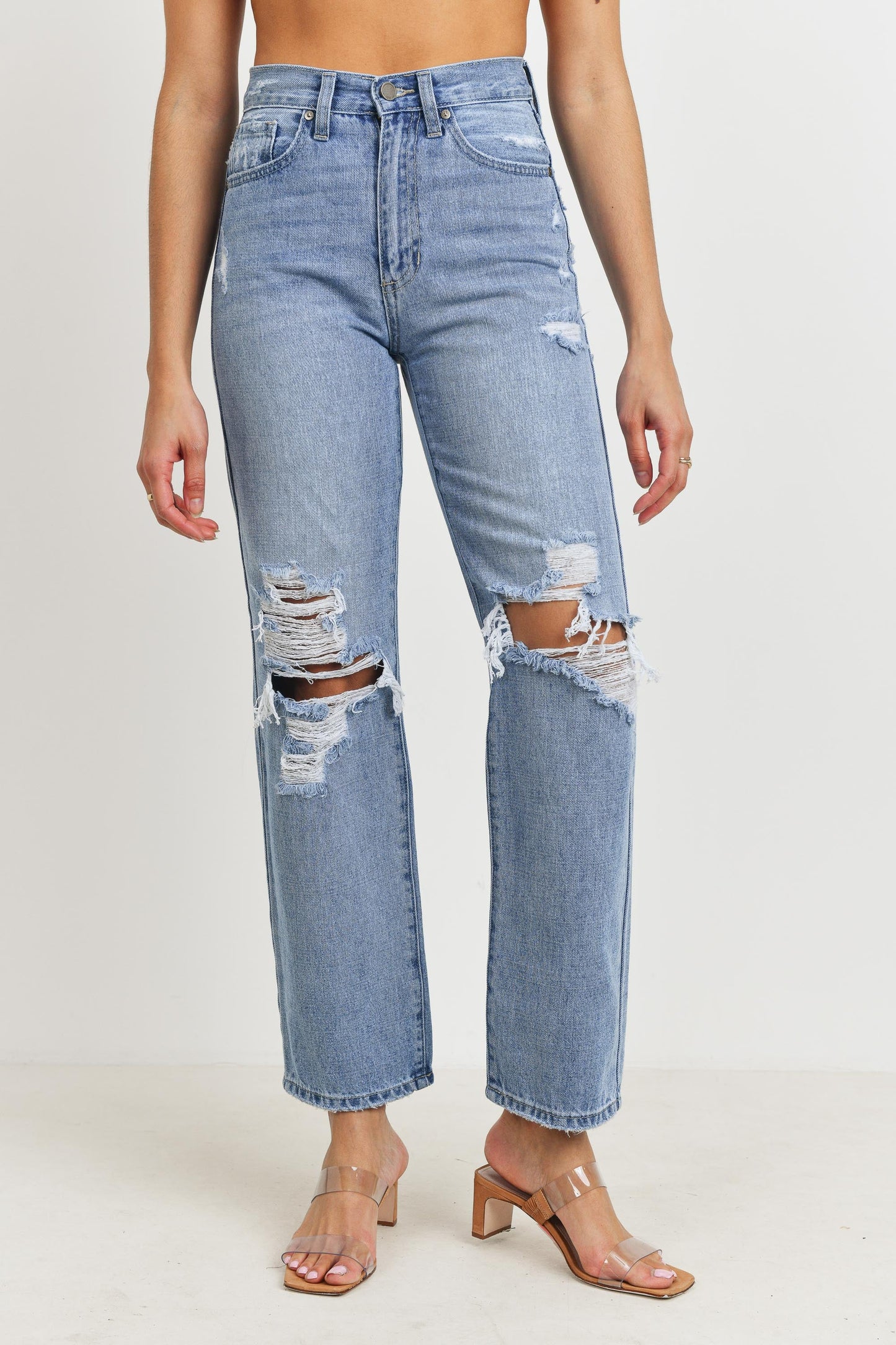 High Waisted Distressed Loose Fit Jeans