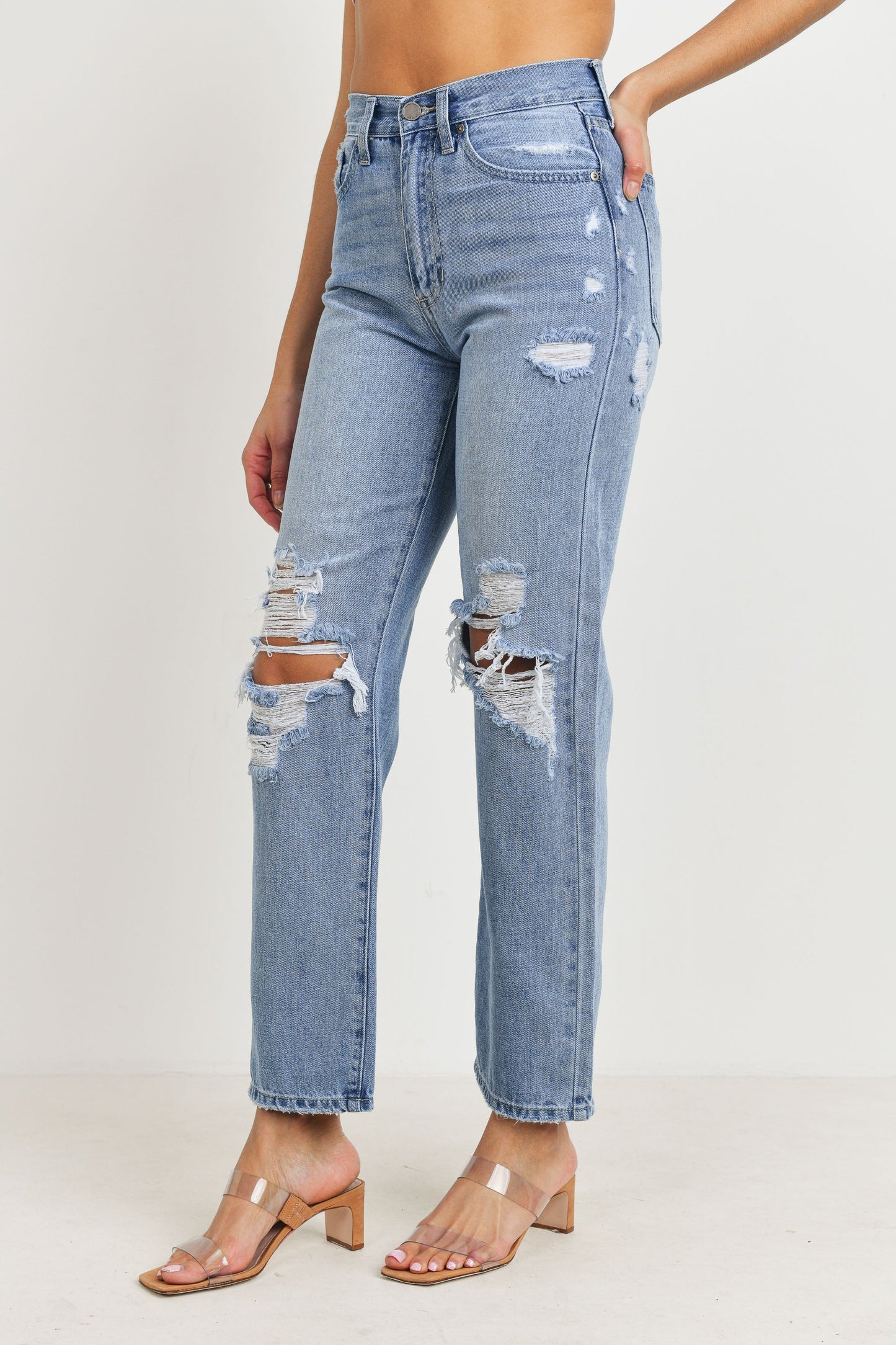 High Waisted Distressed Loose Fit Jeans