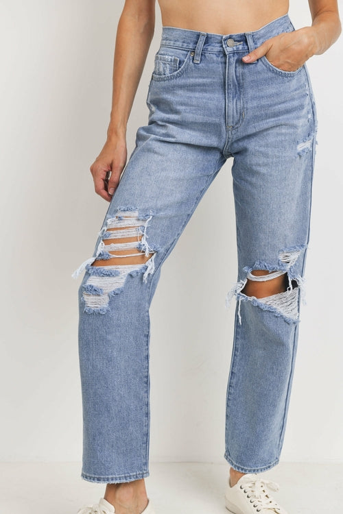 High Waisted Distressed Loose Fit Jeans