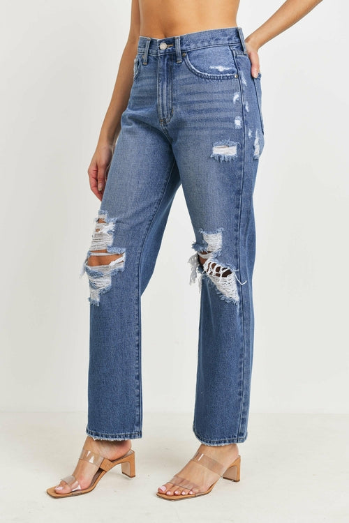 High Waisted Distressed Loose Fit Jeans