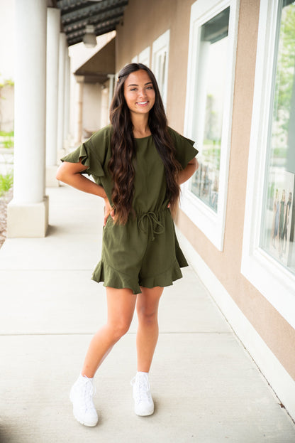 Lexie Ruffle Hem Romper in Olive