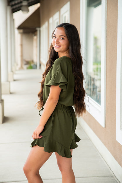 Lexie Ruffle Hem Romper in Olive