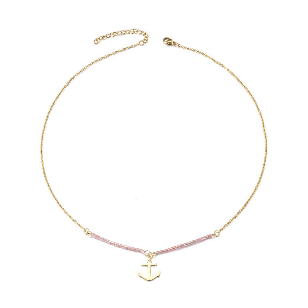 Pink Beaded Anchor Pendant Necklace