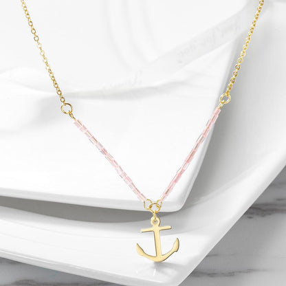 Pink Beaded Anchor Pendant Necklace