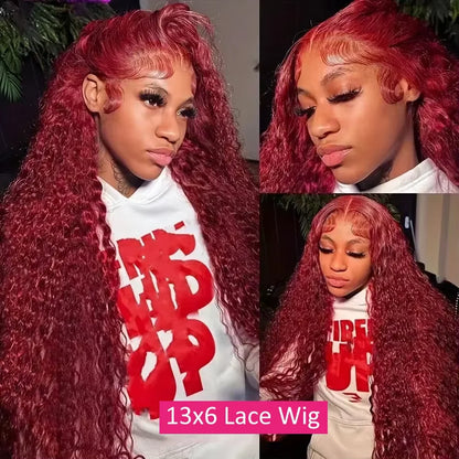 Burgundy Curly 13x6 Hd Lace Frontal Wig Human Hair 100% Brazilian 13x4 Water Deep Wave 99J Red Colored Wig For Women 30 36 Inch