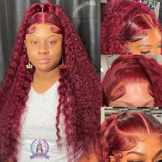 Burgundy Curly 13x6 Hd Lace Frontal Wig Human Hair 100% Brazilian 13x4 Water Deep Wave 99J Red Colored Wig For Women 30 36 Inch