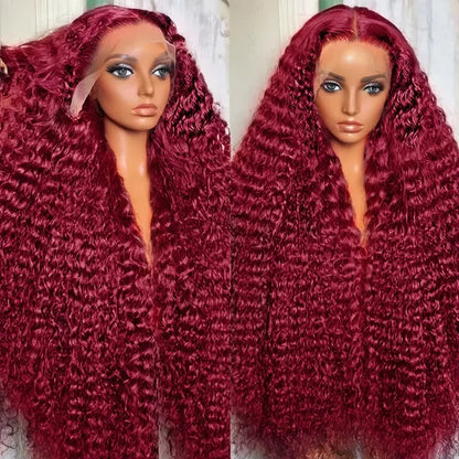 Burgundy Curly 13x6 Hd Lace Frontal Wig Human Hair 100% Brazilian 13x4 Water Deep Wave 99J Red Colored Wig For Women 30 36 Inch