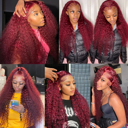 Burgundy Curly 13x6 Hd Lace Frontal Wig Human Hair 100% Brazilian 13x4 Water Deep Wave 99J Red Colored Wig For Women 30 36 Inch