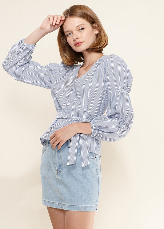 Smocked Sleeve Stripe Wrap in Blue