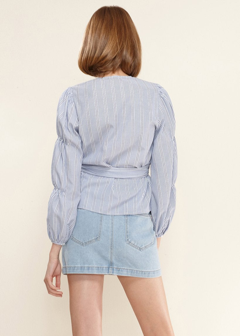 Smocked Sleeve Stripe Wrap in Blue