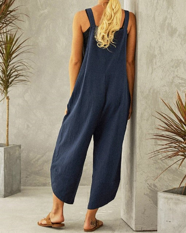 Casual Cropped Long Pant Jumpsuits With Pockets